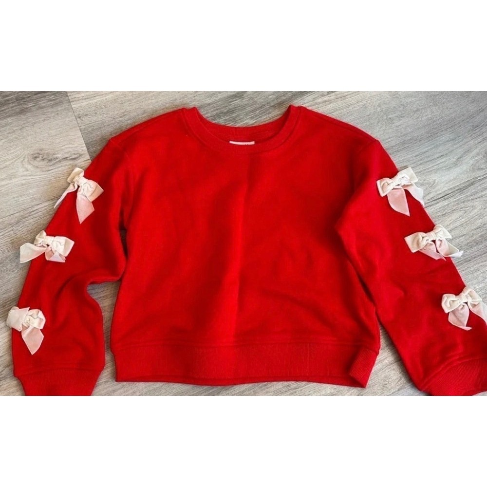 Girls Red Crewneck Sweatshirt with Gold Velvet Bow Sleeve Detail 10/12 Coquette